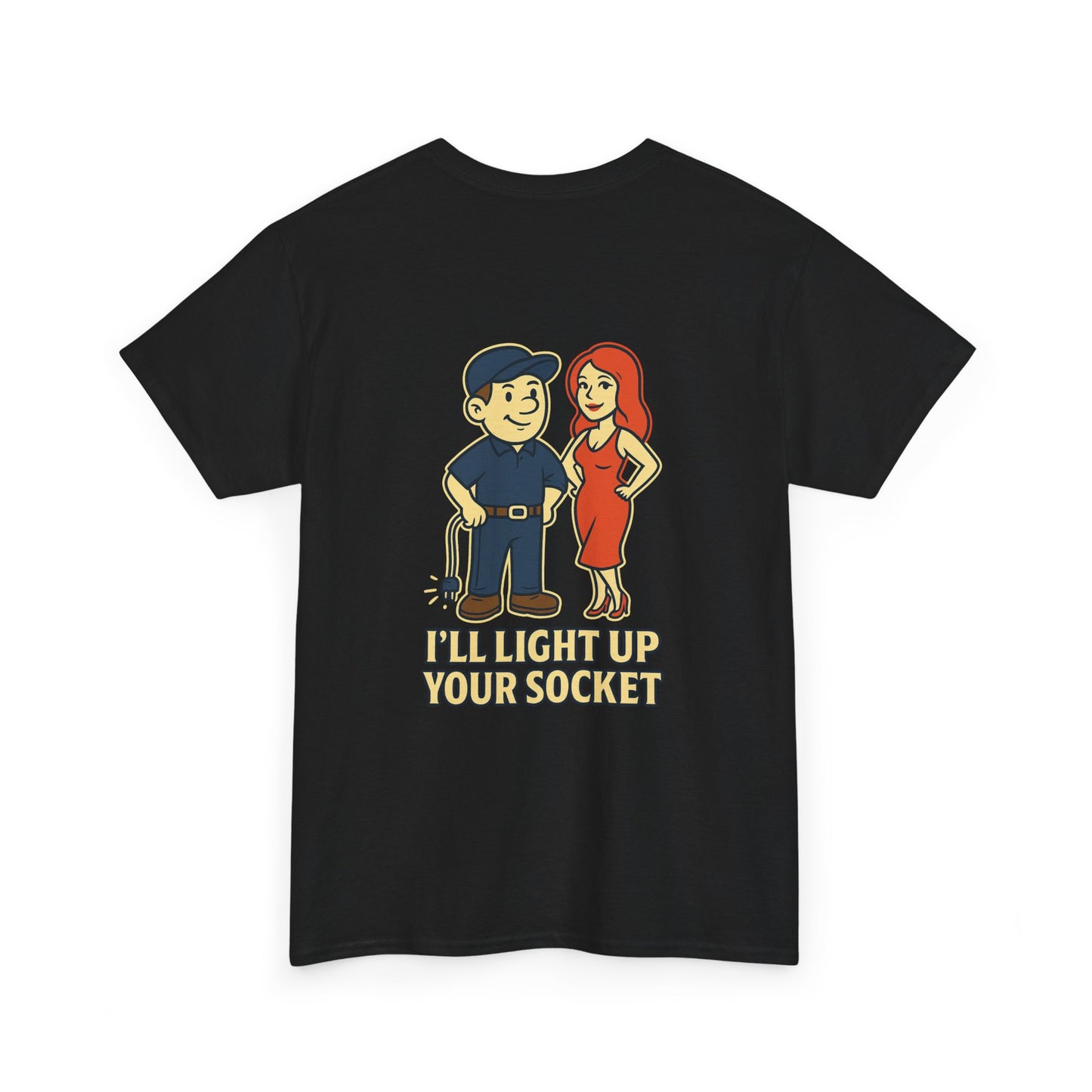 Bring some humor to your workday with the Electrician Bubba Tee! Featuring Bubba in his work cap alongside a bold cartoon design, this shirt proudly says “I’ll Light Up Your Socket.”