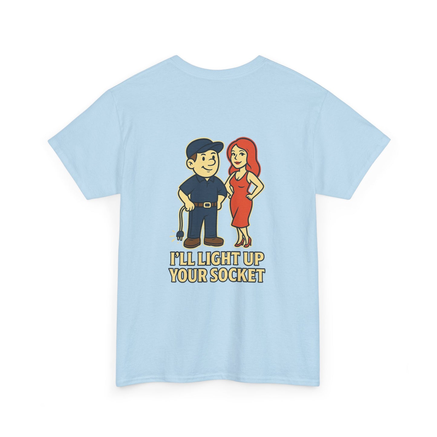 Bring some humor to your workday with the Electrician Bubba Tee! Featuring Bubba in his work cap alongside a bold cartoon design, this shirt proudly says “I’ll Light Up Your Socket.”