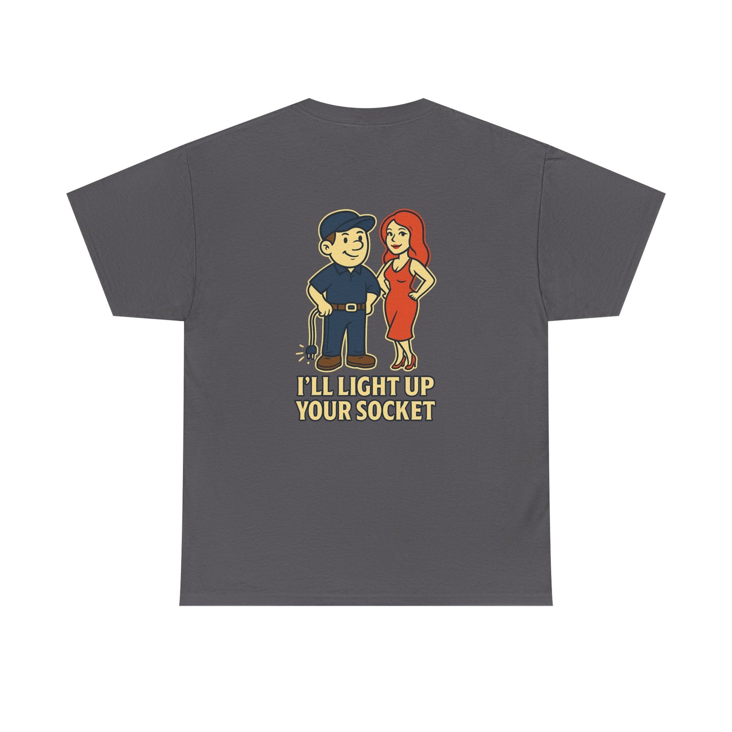 Bring some humor to your workday with the Electrician Bubba Tee! Featuring Bubba in his work cap alongside a bold cartoon design, this shirt proudly says “I’ll Light Up Your Socket.”