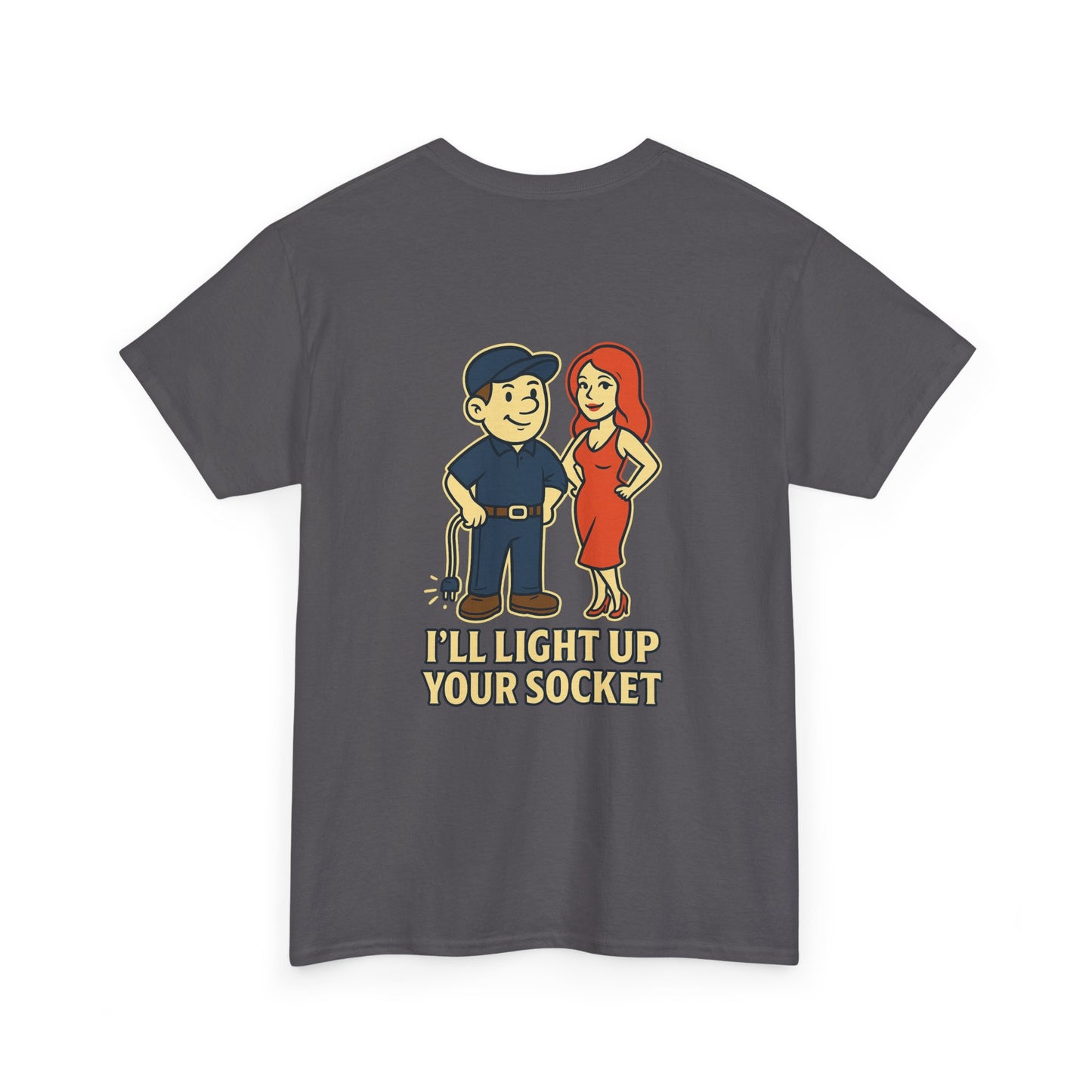 Bring some humor to your workday with the Electrician Bubba Tee! Featuring Bubba in his work cap alongside a bold cartoon design, this shirt proudly says “I’ll Light Up Your Socket.”