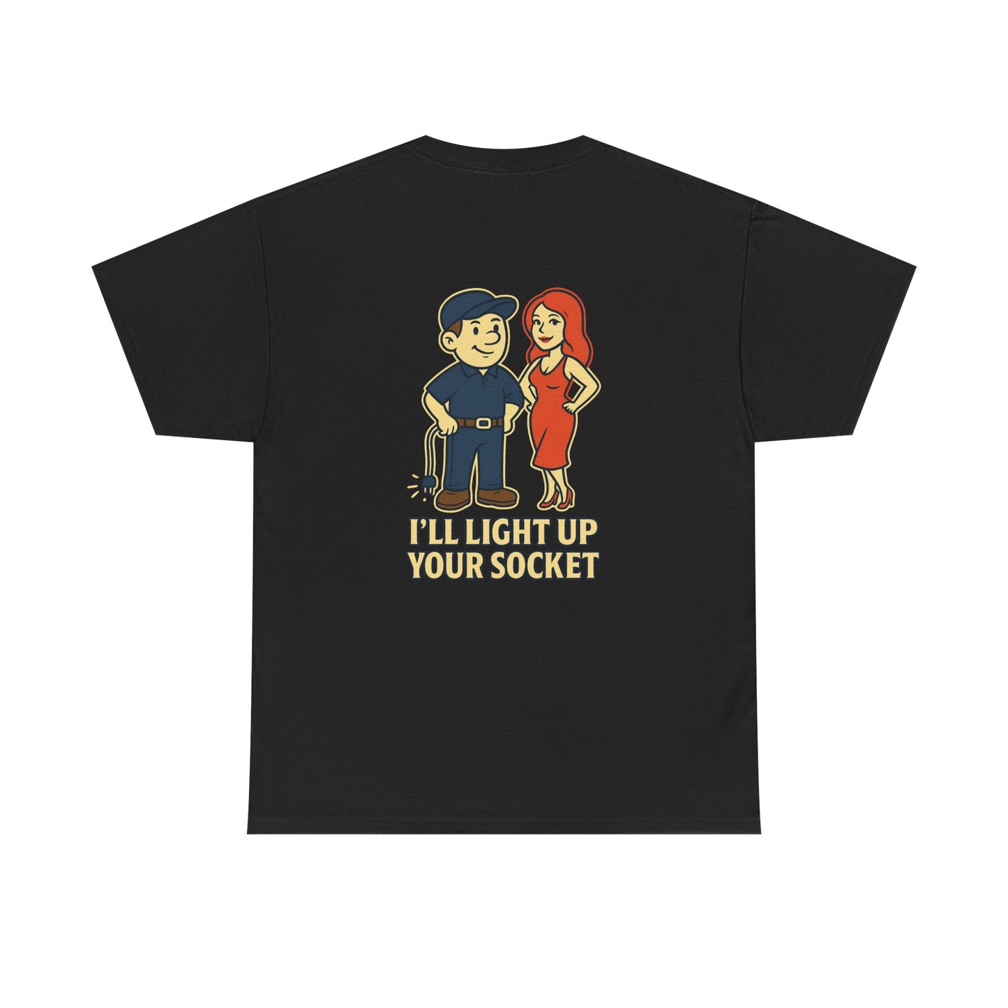 Bring some humor to your workday with the Electrician Bubba Tee! Featuring Bubba in his work cap alongside a bold cartoon design, this shirt proudly says “I’ll Light Up Your Socket.”