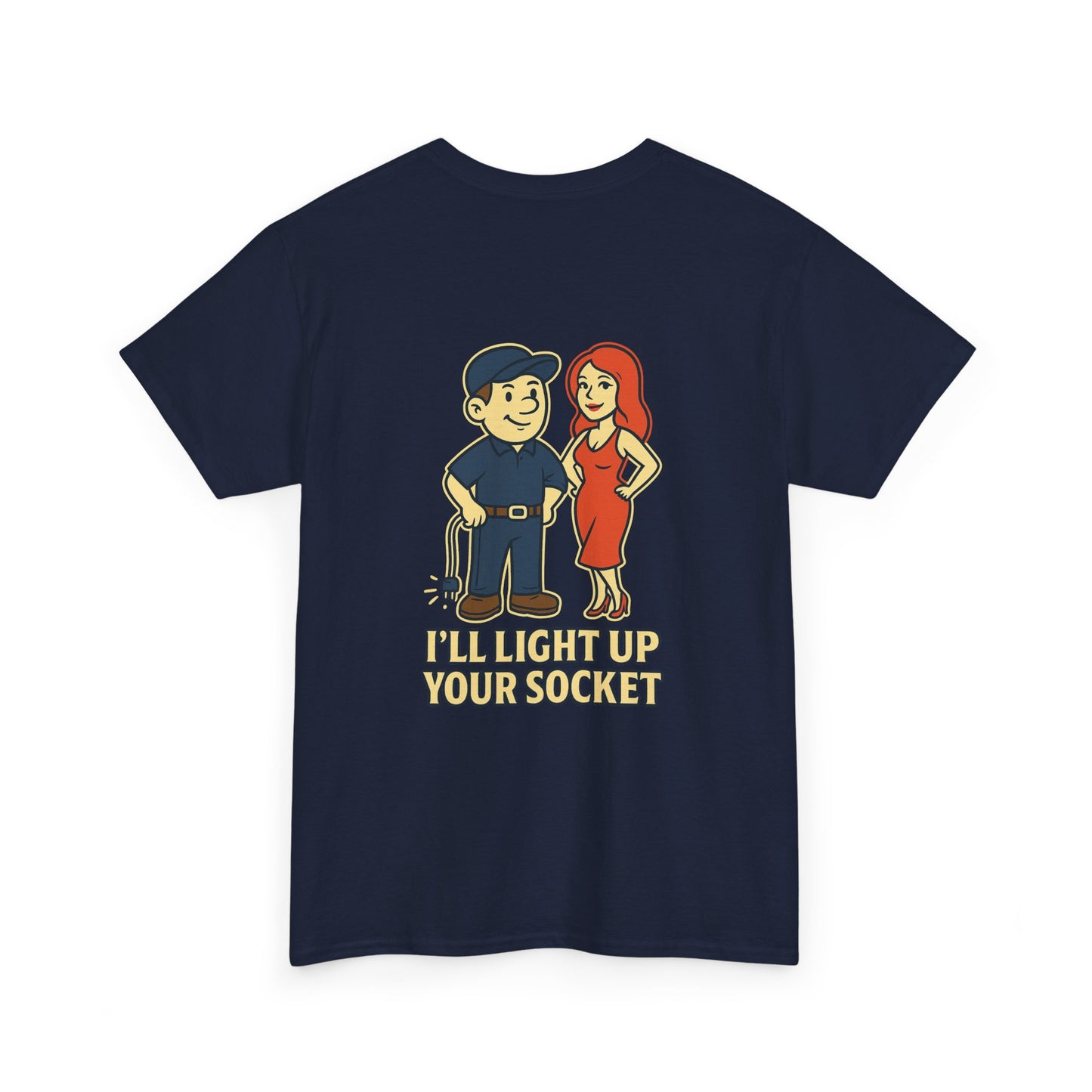 Bring some humor to your workday with the Electrician Bubba Tee! Featuring Bubba in his work cap alongside a bold cartoon design, this shirt proudly says “I’ll Light Up Your Socket.”