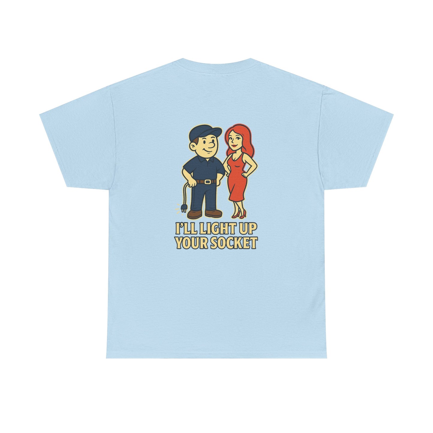 Bring some humor to your workday with the Electrician Bubba Tee! Featuring Bubba in his work cap alongside a bold cartoon design, this shirt proudly says “I’ll Light Up Your Socket.”