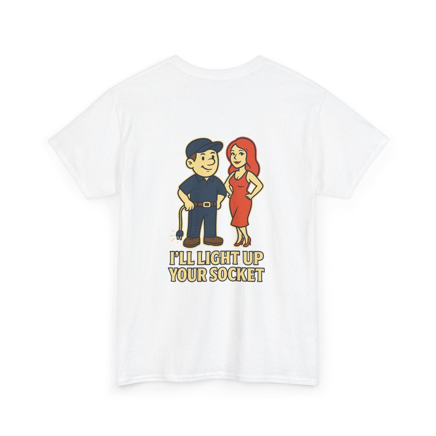 Bring some humor to your workday with the Electrician Bubba Tee! Featuring Bubba in his work cap alongside a bold cartoon design, this shirt proudly says “I’ll Light Up Your Socket.”