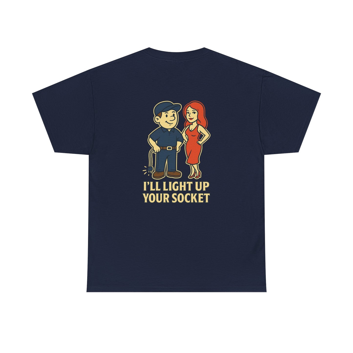 Bring some humor to your workday with the Electrician Bubba Tee! Featuring Bubba in his work cap alongside a bold cartoon design, this shirt proudly says “I’ll Light Up Your Socket.”