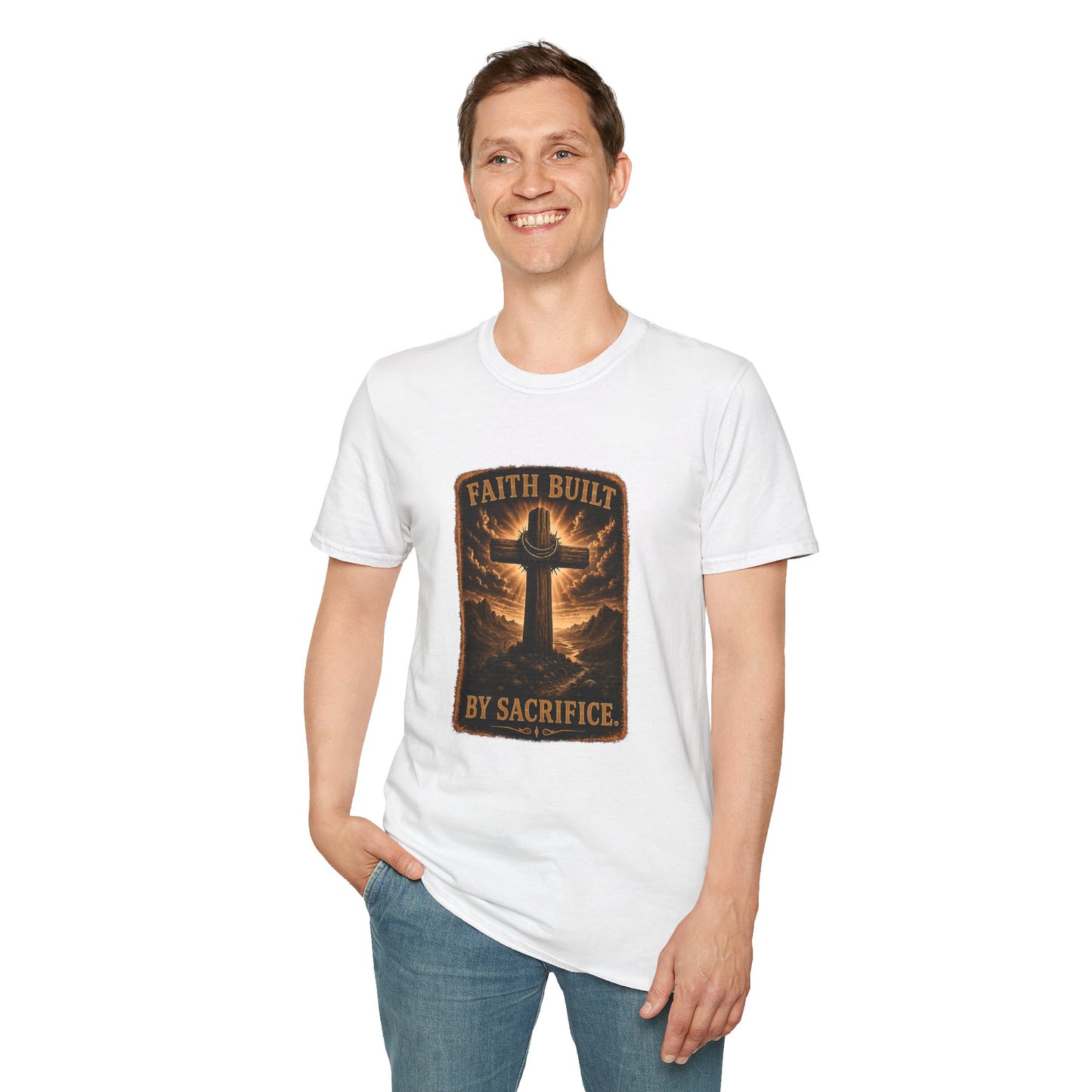 Faith Built T-Shirt — 'Faith Built By Sacrifice' Cross Christian Tee