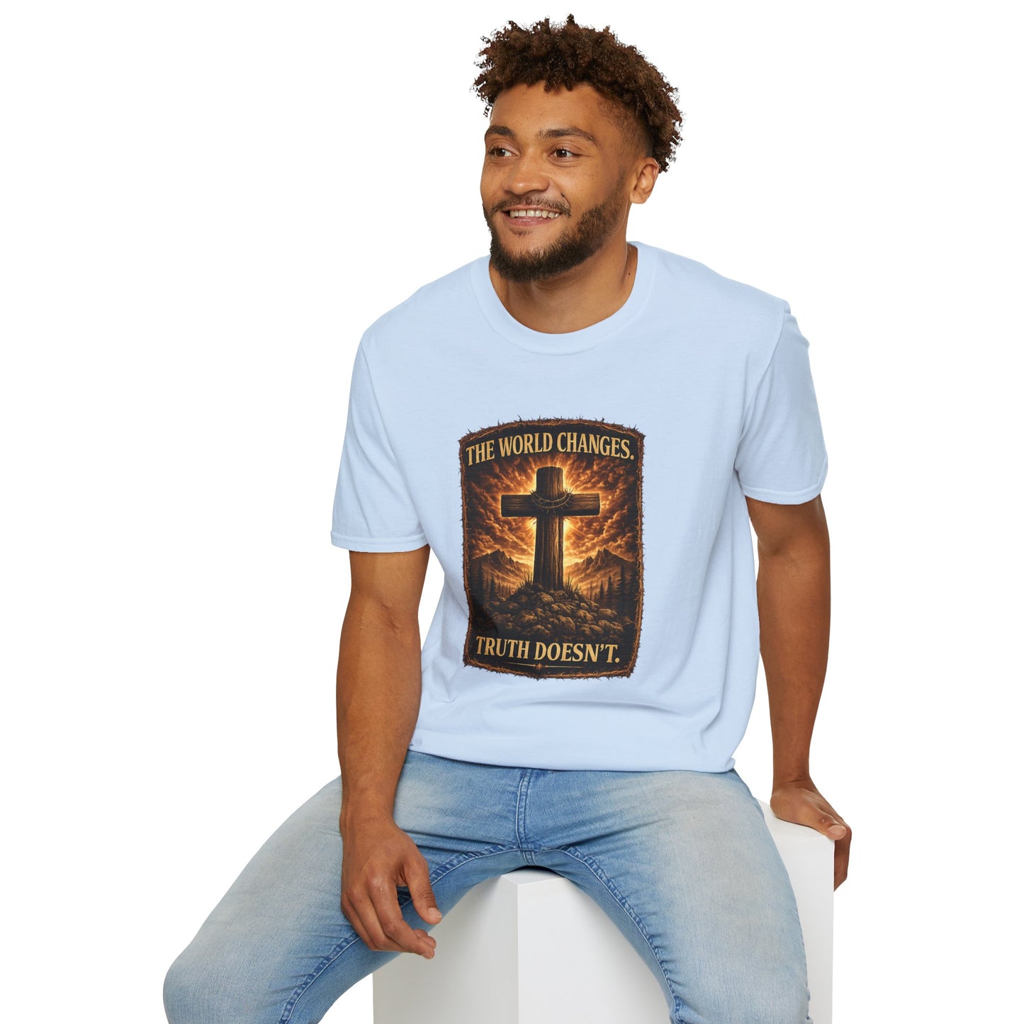 Christian Cross T-Shirt — "The World Changes, Truth Doesn't" Inspirational Faith Tee