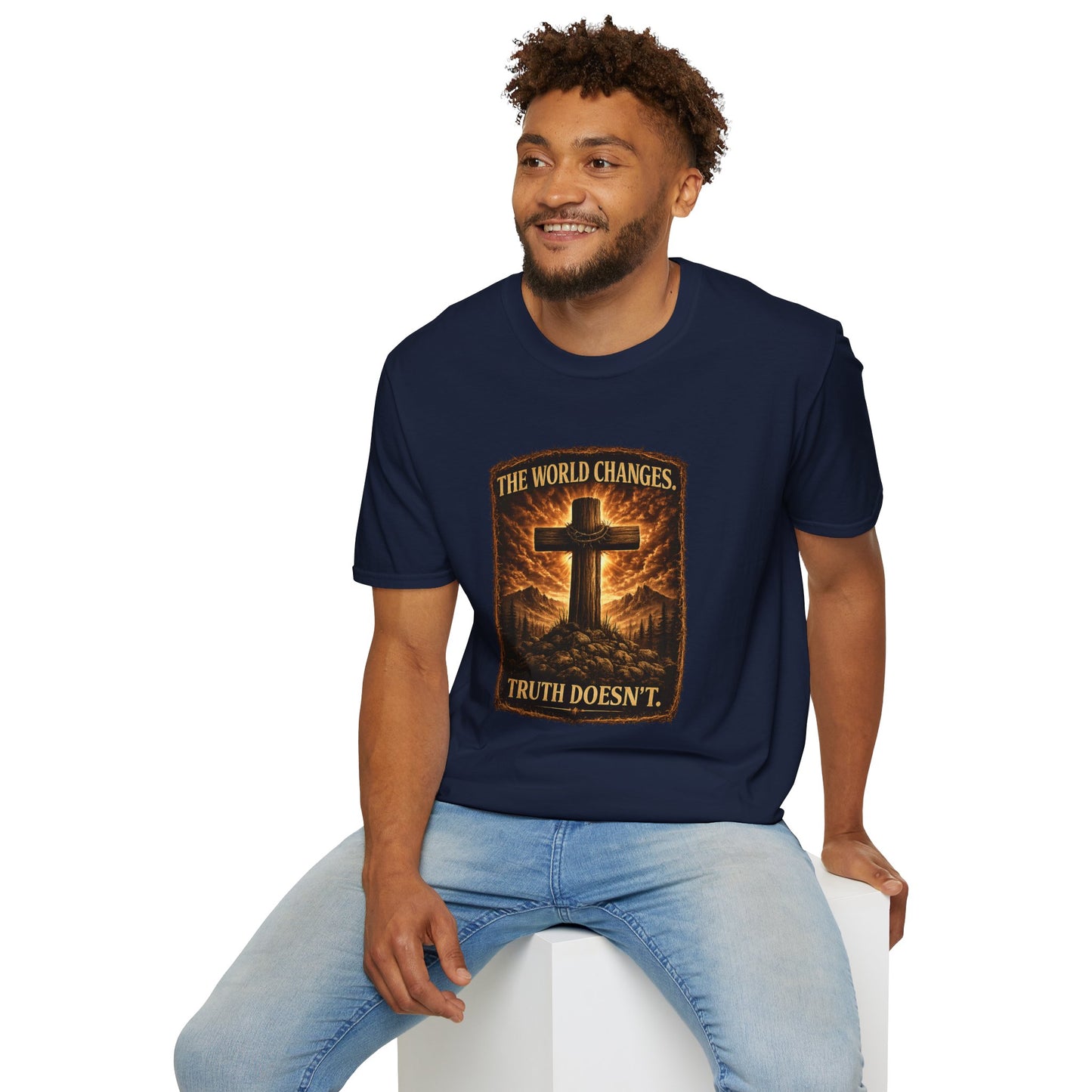 Christian Cross T-Shirt — "The World Changes, Truth Doesn't" Inspirational Faith Tee