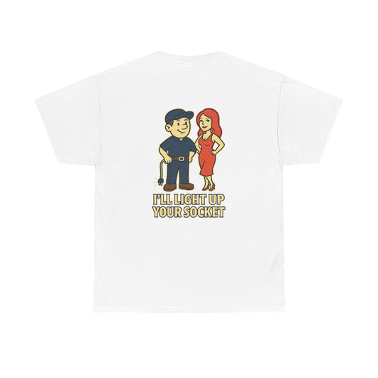 Bring some humor to your workday with the Electrician Bubba Tee! Featuring Bubba in his work cap alongside a bold cartoon design, this shirt proudly says “I’ll Light Up Your Socket.”