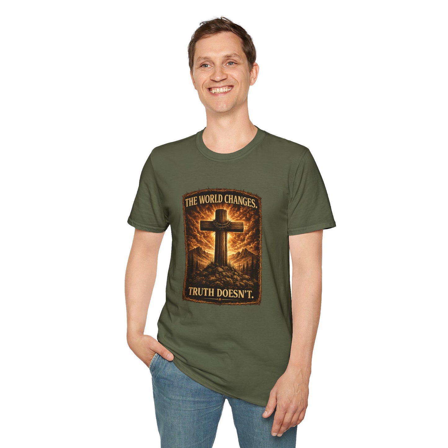 Christian Cross T-Shirt — "The World Changes, Truth Doesn't" Inspirational Faith Tee