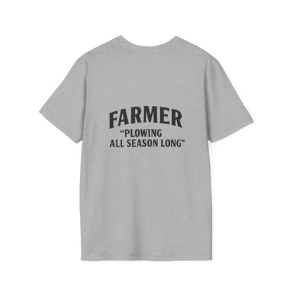 Farmer Plowing All Season Long T-Shirt, Unisex Softstyle Tee, Gift for Farmers, Farm Life Apparel, Agricultural Humor Shirt
