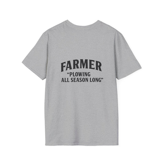 Farmer Plowing All Season Long T-Shirt, Unisex Softstyle Tee, Gift for Farmers, Farm Life Apparel, Agricultural Humor Shirt