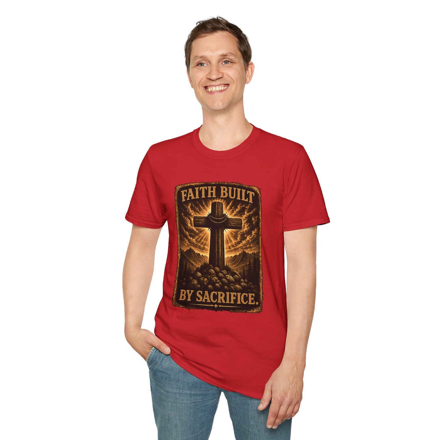 Faith Built Cross T‑Shirt — "Faith Built by Sacrifice" Christian Graphic Tee