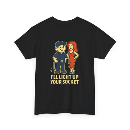 Bring some humor to your workday with the Electrician Bubba Tee! Featuring Bubba in his work cap alongside a bold cartoon design, this shirt proudly says “I’ll Light Up Your Socket.”