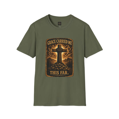 Christian T-Shirt — "Grace Carried Me This Far" Cross Faith Tee