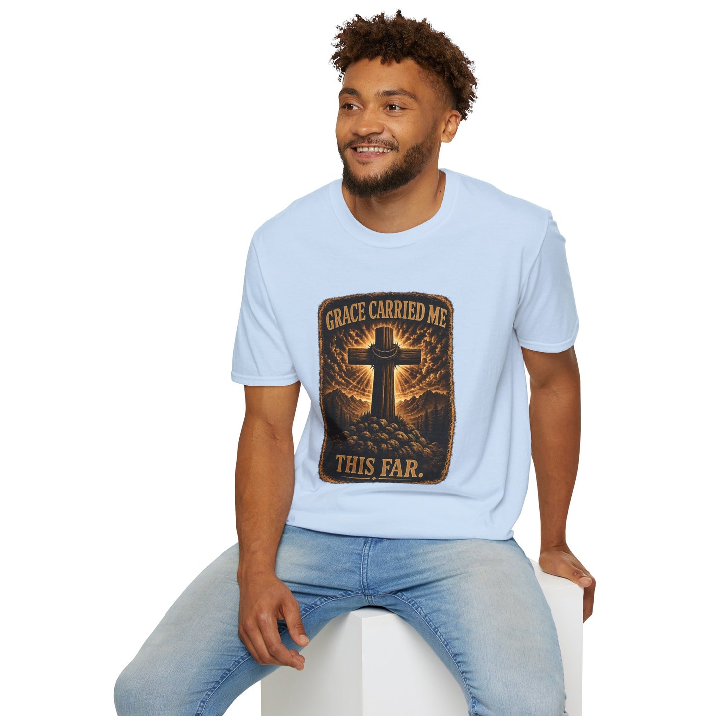 Christian T-Shirt — "Grace Carried Me This Far" Cross Faith Tee