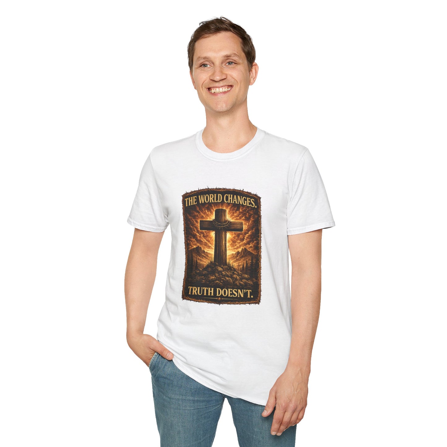 Christian Cross T-Shirt — "The World Changes, Truth Doesn't" Inspirational Faith Tee