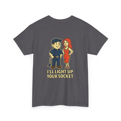 Bring some humor to your workday with the Electrician Bubba Tee! Featuring Bubba in his work cap alongside a bold cartoon design, this shirt proudly says “I’ll Light Up Your Socket.”