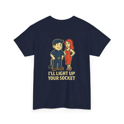 Bring some humor to your workday with the Electrician Bubba Tee! Featuring Bubba in his work cap alongside a bold cartoon design, this shirt proudly says “I’ll Light Up Your Socket.”