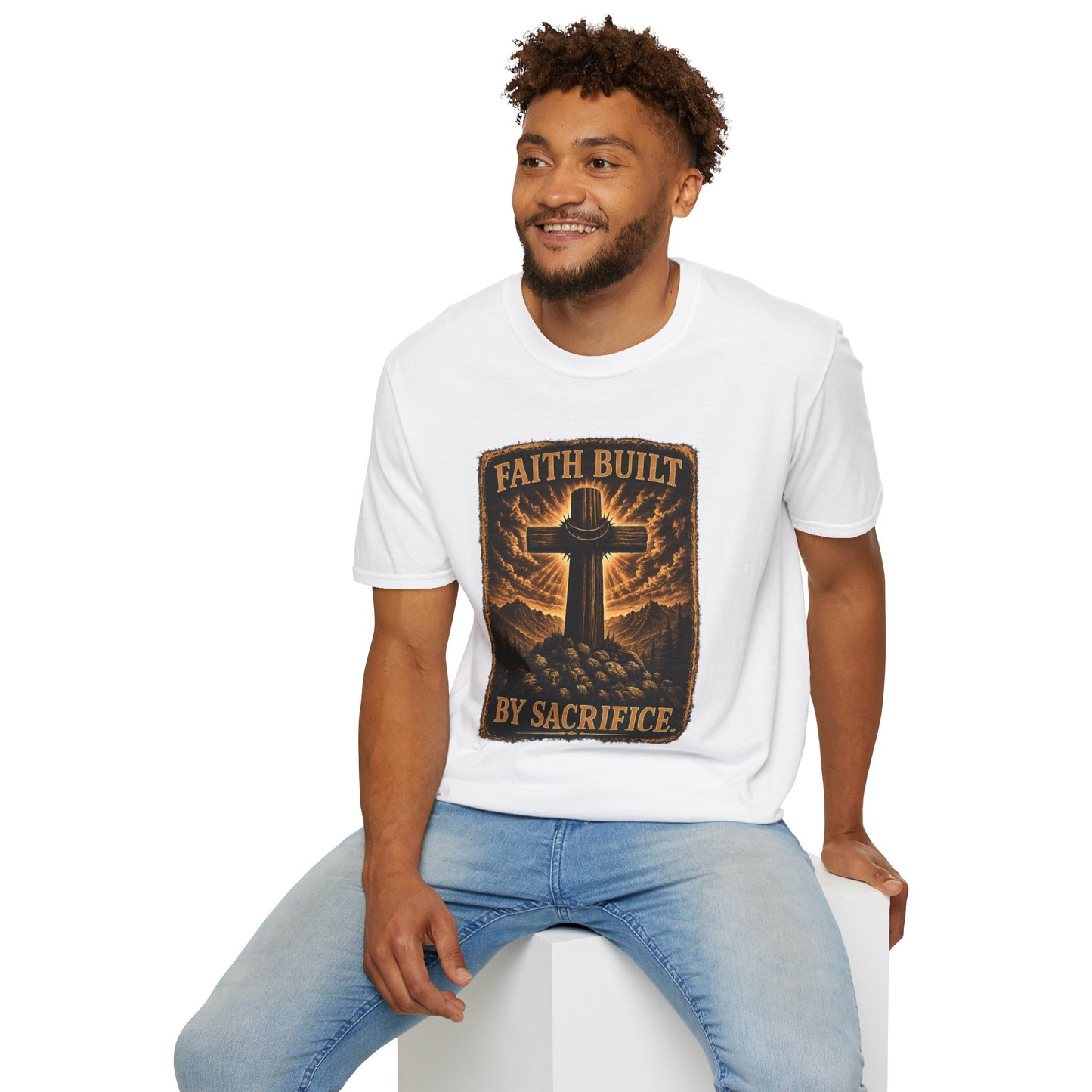 Faith Built Cross T‑Shirt — "Faith Built by Sacrifice" Christian Graphic Tee
