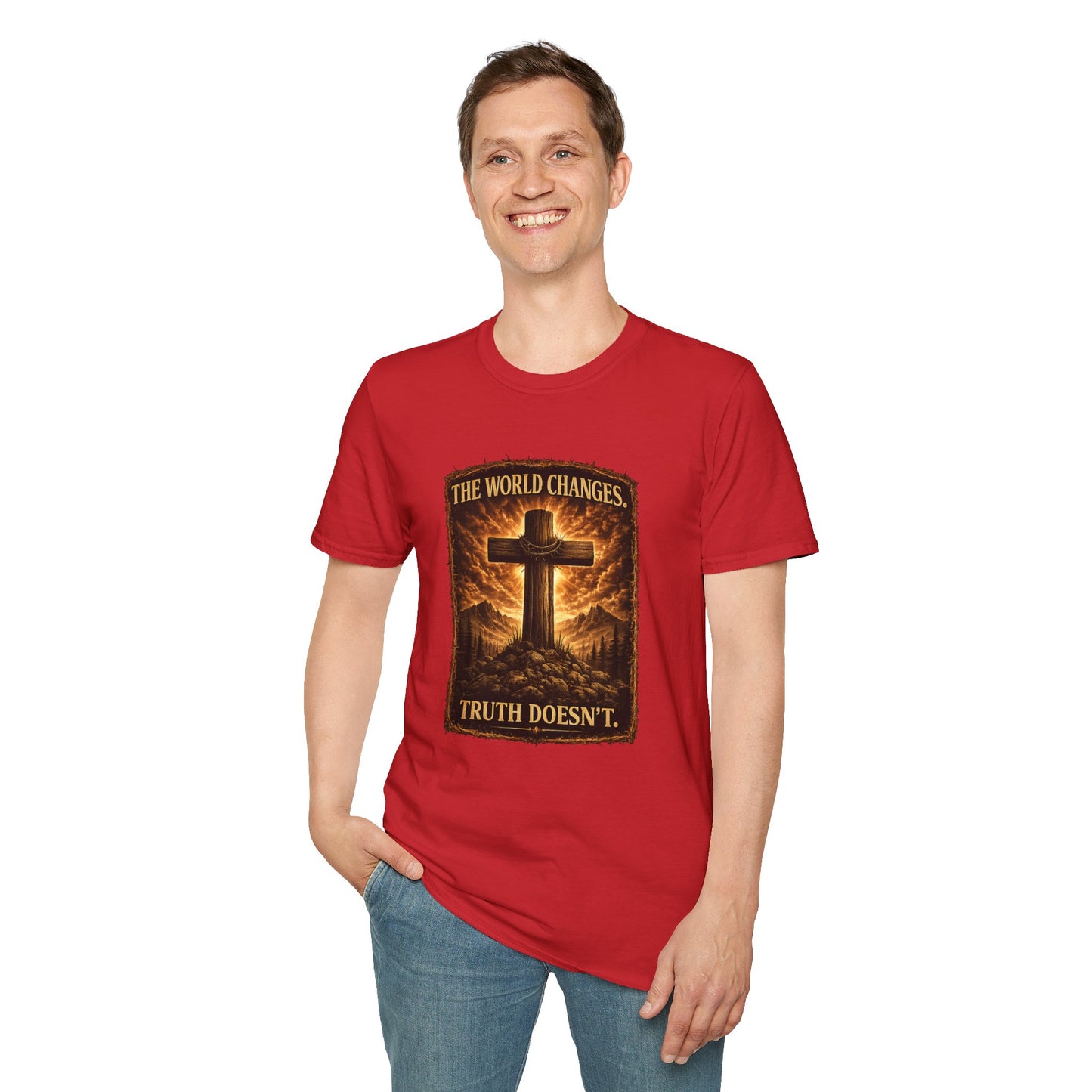 Christian Cross T-Shirt — "The World Changes, Truth Doesn't" Inspirational Faith Tee