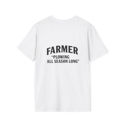 Farmer Plowing All Season Long T-Shirt, Unisex Softstyle Tee, Gift for Farmers, Farm Life Apparel, Agricultural Humor Shirt