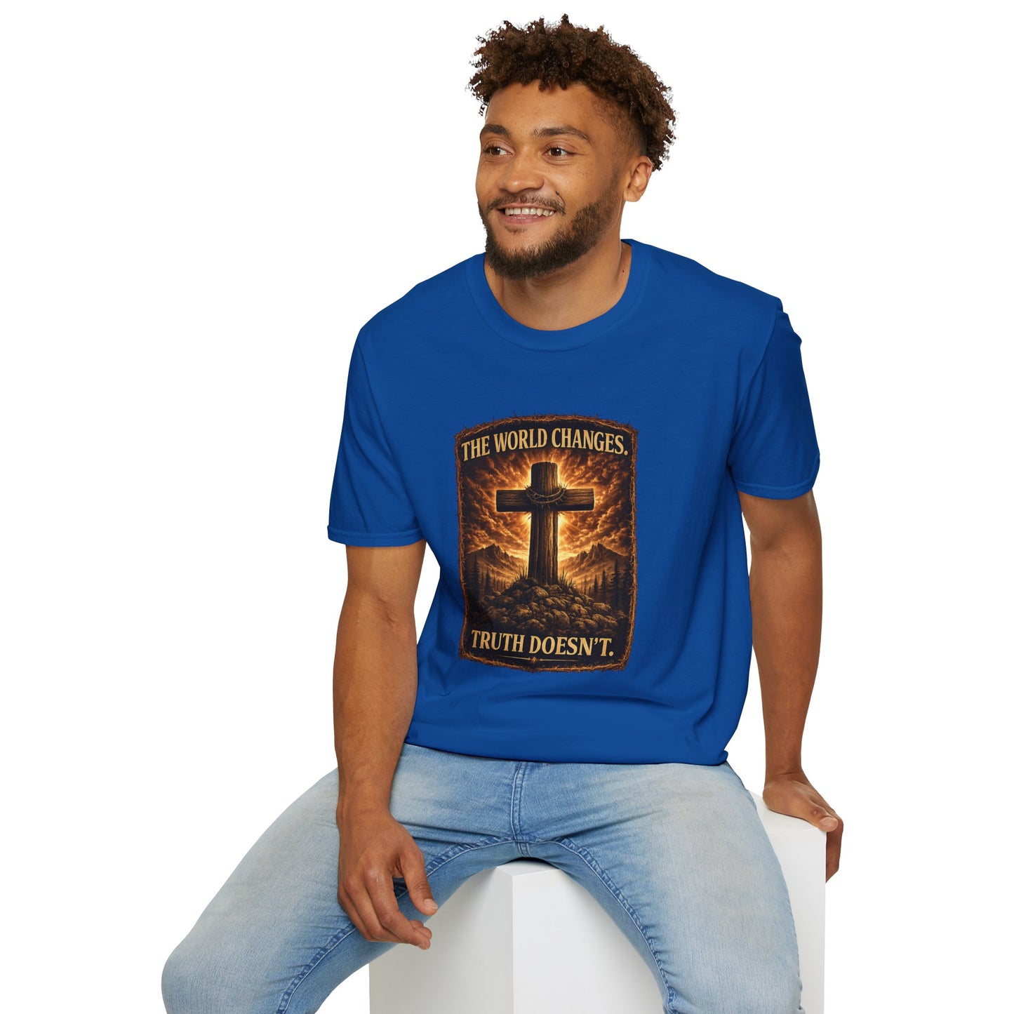 Christian Cross T-Shirt — "The World Changes, Truth Doesn't" Inspirational Faith Tee