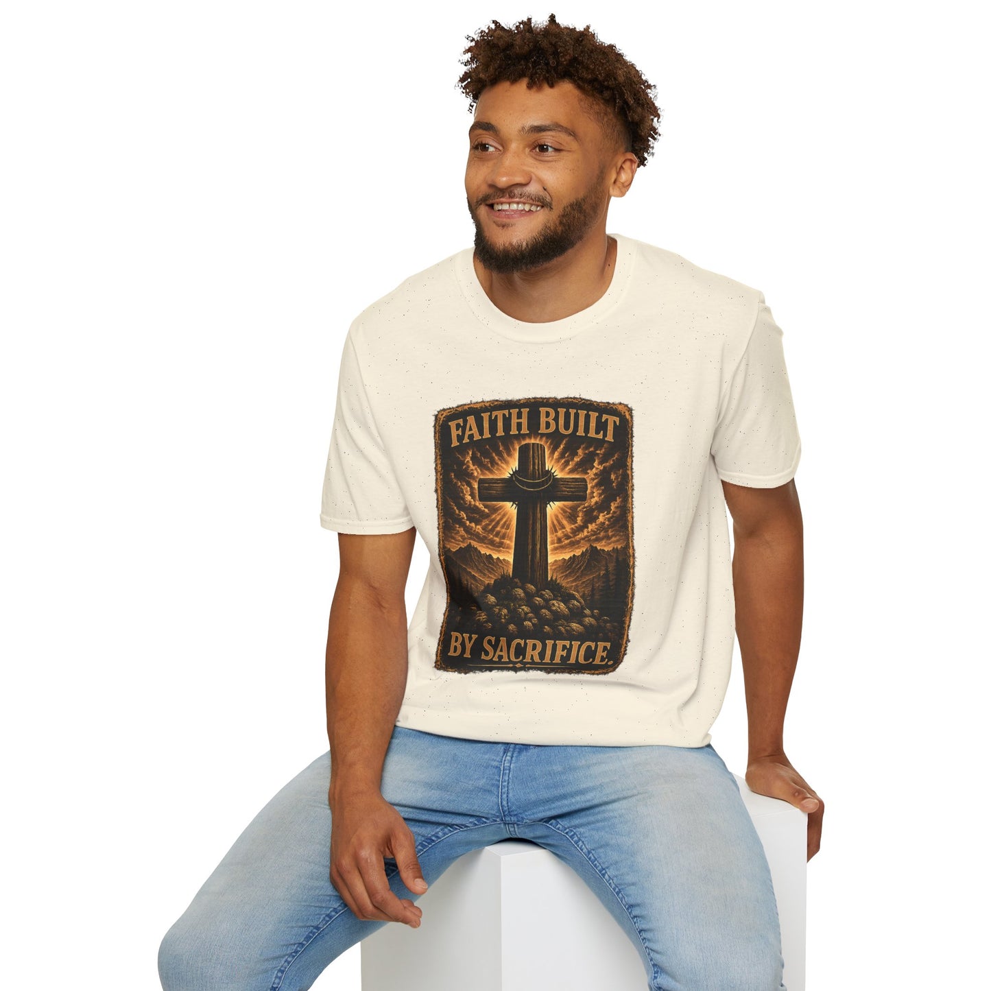 Faith Built Cross T‑Shirt — "Faith Built by Sacrifice" Christian Graphic Tee