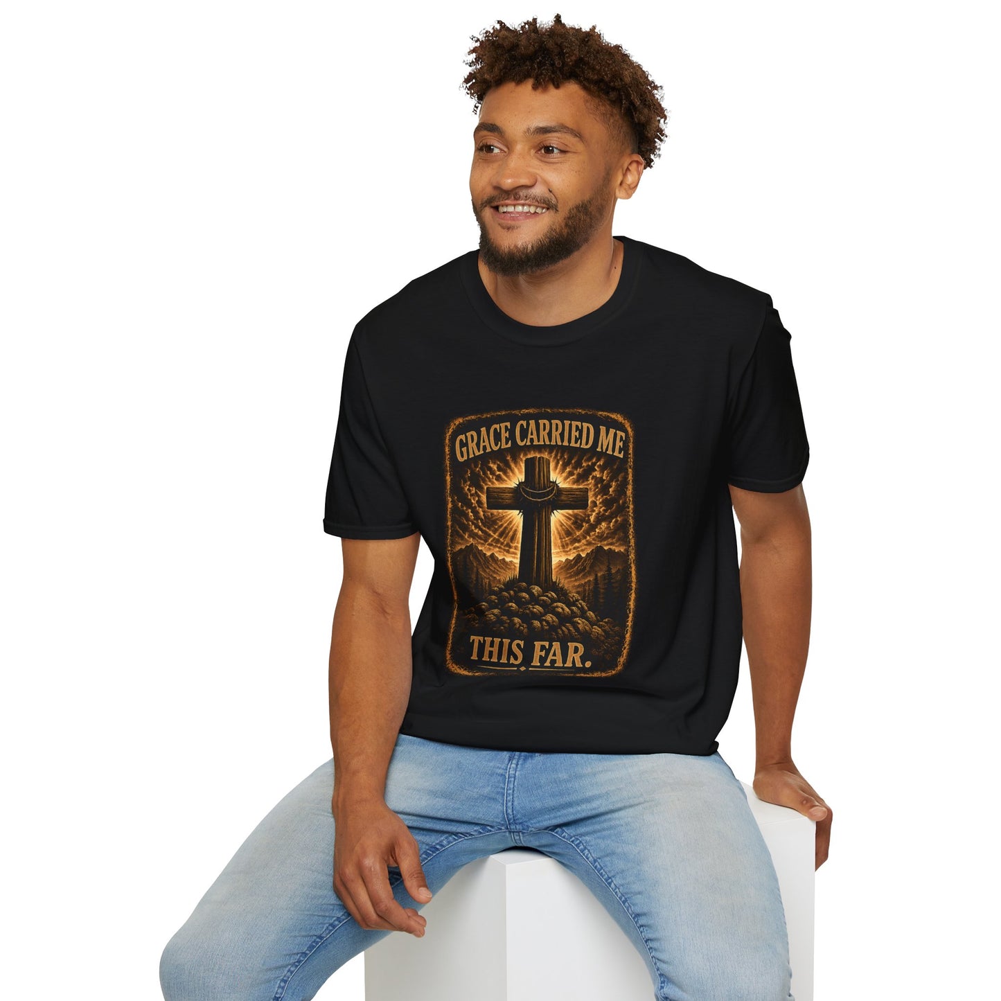 Christian T-Shirt — "Grace Carried Me This Far" Cross Faith Tee