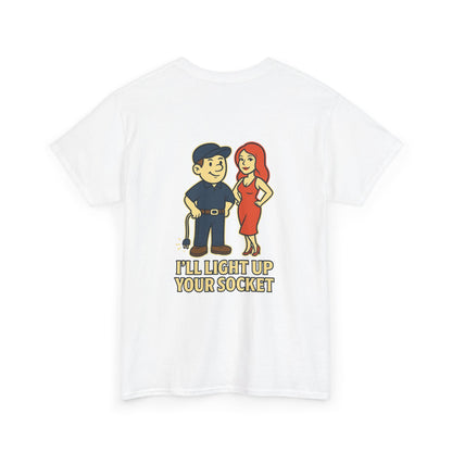 Bring some humor to your workday with the Electrician Bubba Tee! Featuring Bubba in his work cap alongside a bold cartoon design, this shirt proudly says “I’ll Light Up Your Socket.”